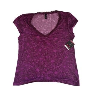 NWT Maidenform Women's Size XL Night Shirt Purple Floral Lace V-Neck Ruched